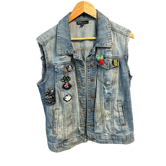 STS Blue Denim Vest with Patches & Distressed Details Men's S Sleeveless - Picture 1 of 8